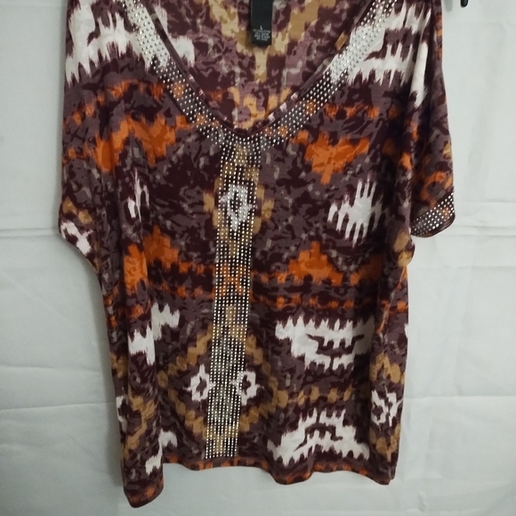 INC Leopard Aztec Rhinestone Trim Womens Cold Shoulder Sleeve  Blouse Top Size L - Picture 4 of 7